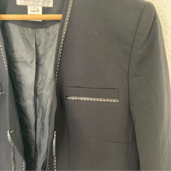 Oscar by Oscar De La Renta Black Blazer Jacket with Leather Trim, Size 4 - Picture 2 of 5